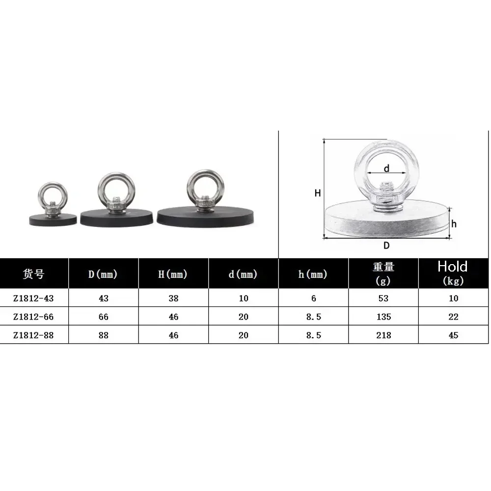 10Pcs Search Magnet Super Strong Neodymium Magnet D66/D88mm Rubber Coated Lifting Ring Magnetic Power Salvage Magnetic Hook