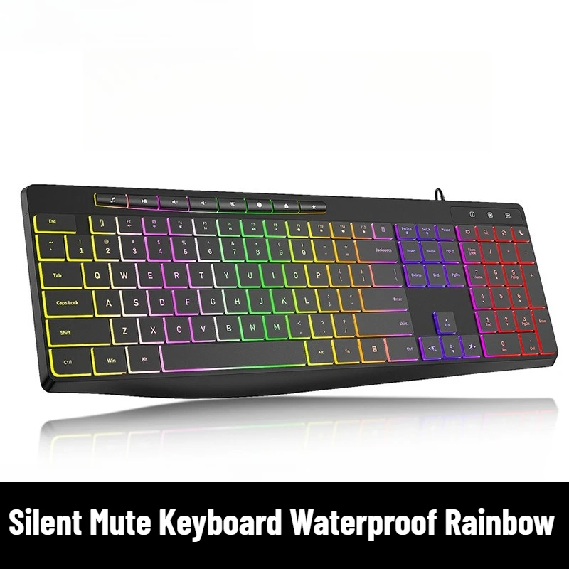 Silent Mute Keyboard Waterproof Rainbow Light Wired Keyboard for Business Office Computers