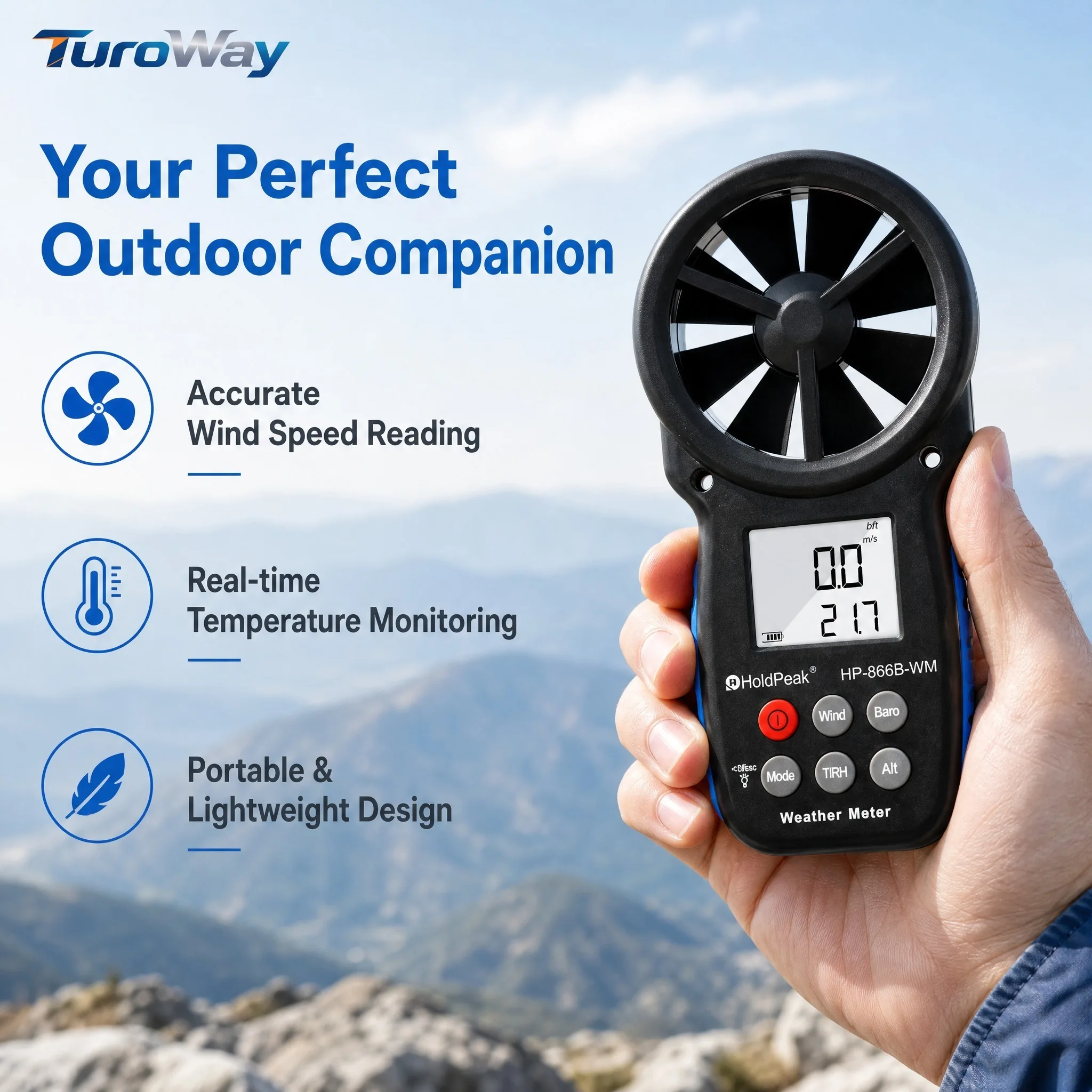 Anemometer Wind Speed Meter,0.3-30m/sWind Gauge Barometer Altimeter Thermometer Hygrometer with Dew Point Wind Chill