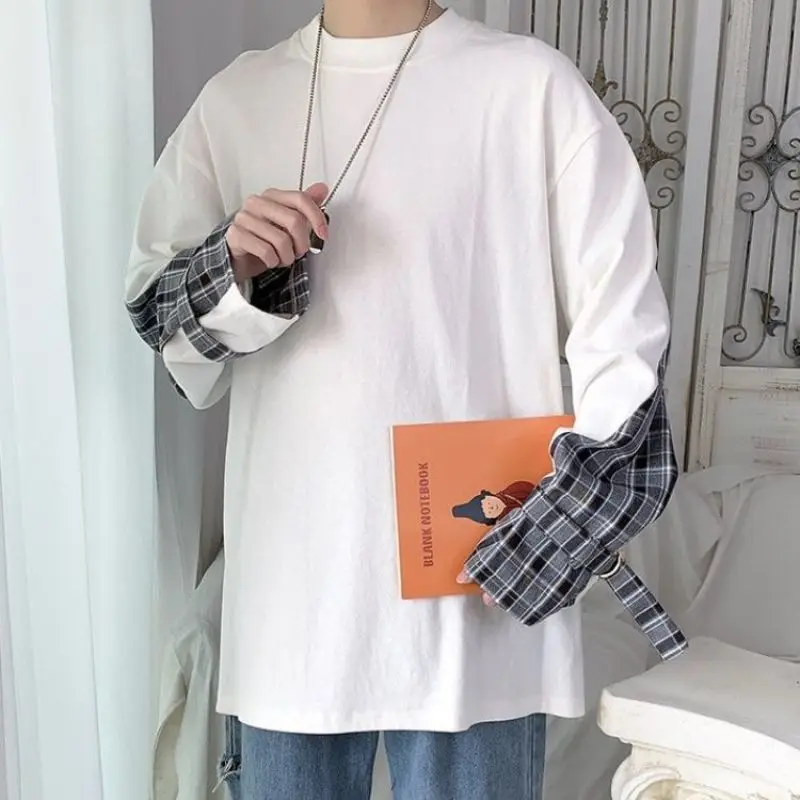 Stylish O-Neck Spliced Loose Korean Plaid T-Shirt Men Clothing 2023 Spring New Casual Pullovers Long Sleeve All-match Tee Shirt