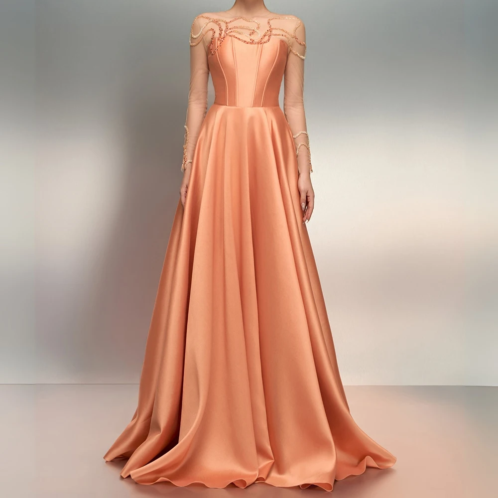 

Customized A-line Evening Dresses Floor-length O-neck Full Sleeve Prom Gown Fashion Beading Simple Draped Casual Party Gown