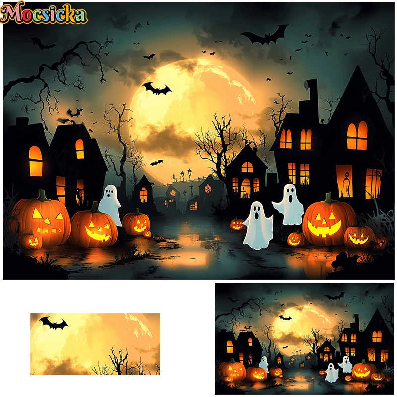 Mocsicka Halloween Pumpkin Lanter Background Horror Moon Night Cemetery Photography Kids Birthday Portrait Backdrop Photo Studio