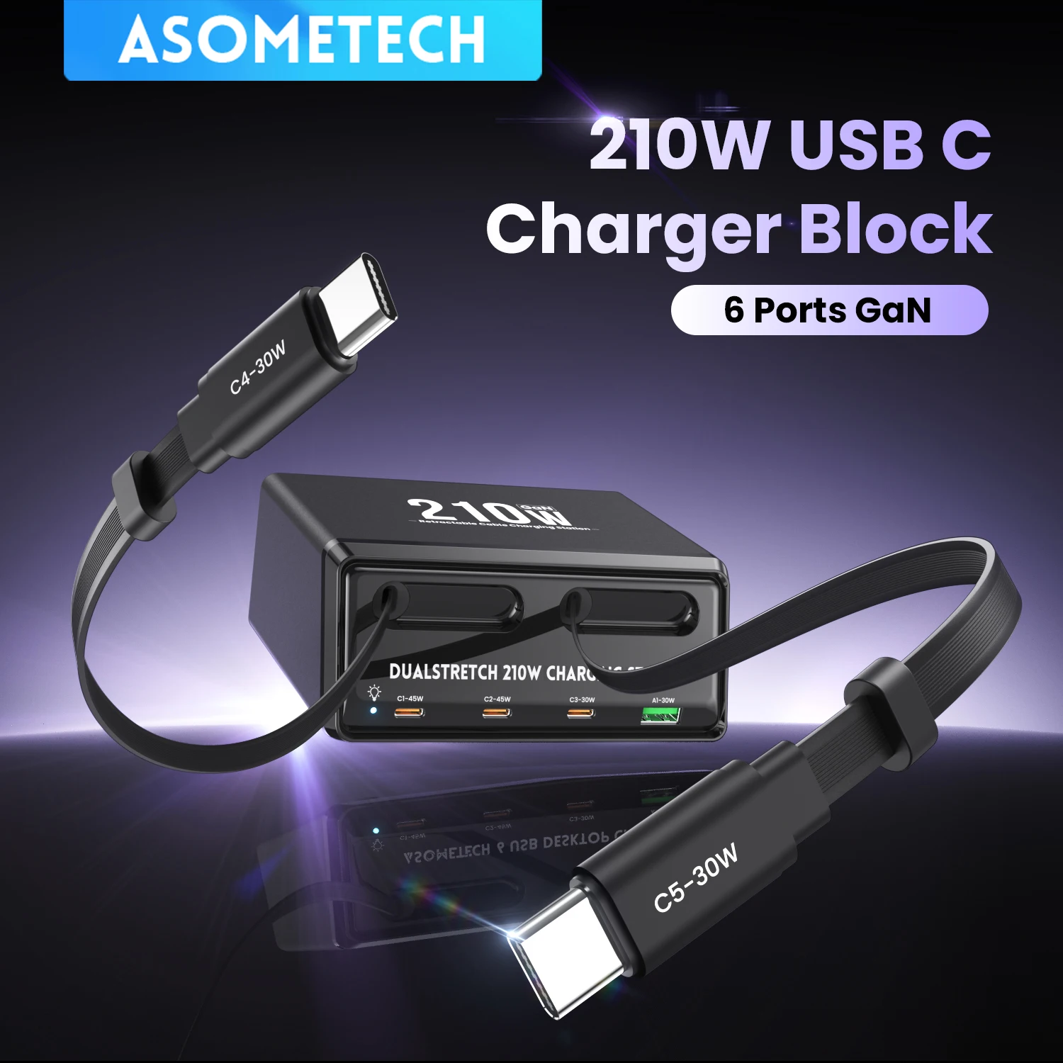 210W GaN USB C Fast Charging Station Retractable Type C Cable 45W 30W PD3.0 PPS Fast Charger For iPhone 15 iPad Samsung Tablet