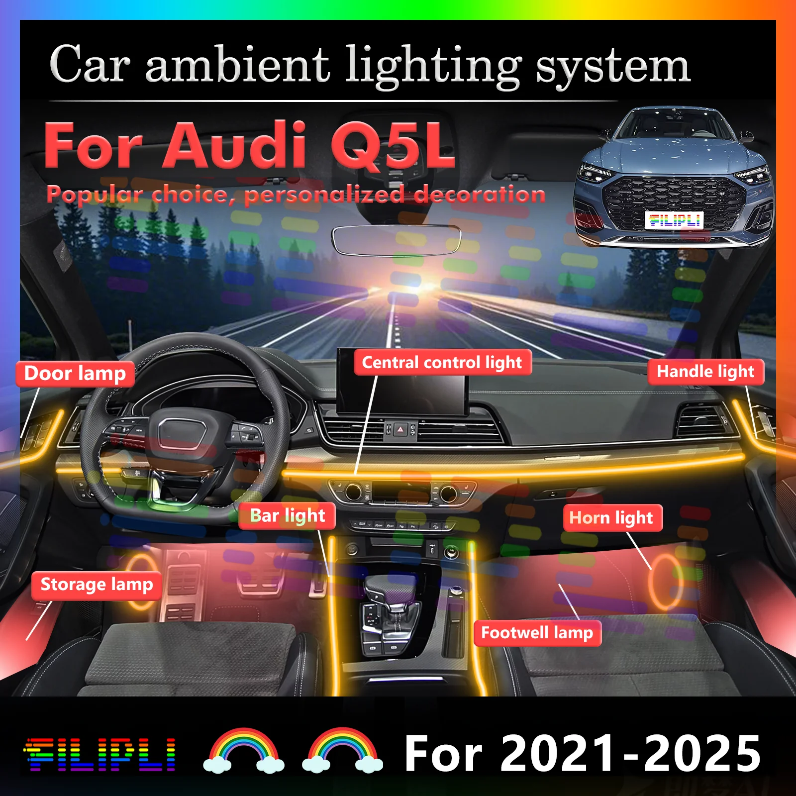 

24-в-1 светодиодные лампы для Audi Q5L серии 8W 8W2, цветная атмосферная подсветка, неоновые полосы для интерьера автомобиля, 64 RGB-цвета, управление через приложение.