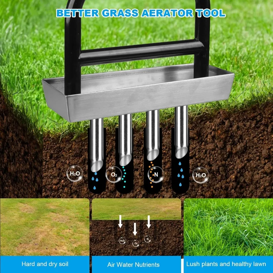 Arejador manual de gramado com bandeja de núcleo de solo para quintal, cuidados com o gramado, 4 núcleos de aço inoxidável, aerador para aeração de grama, ga resistente