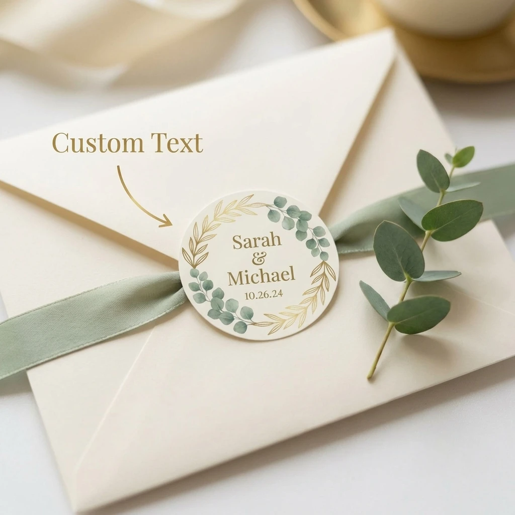 Personalized Custom Wedding Favor Stickers,Gold Leaf Wreath Stickers with Couple Names & Wedding Date,Invitation Seals