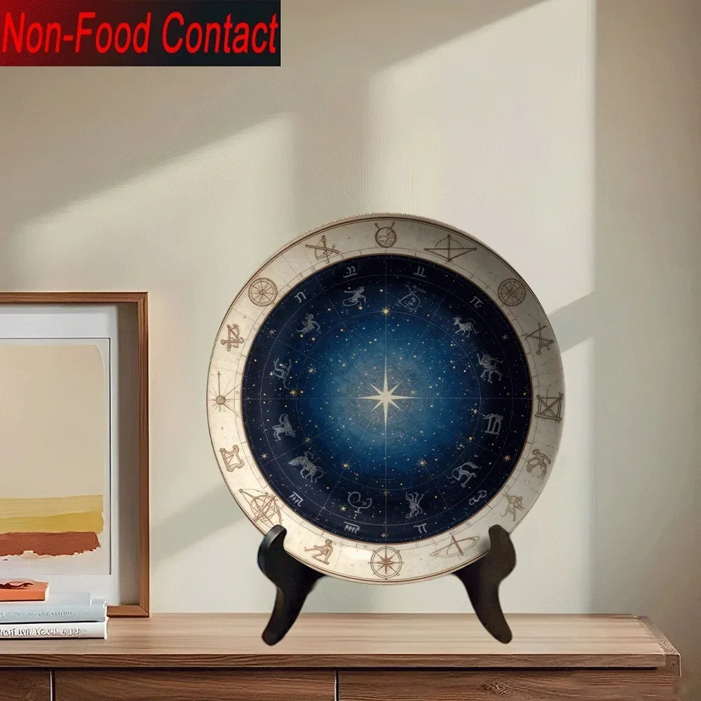 1pc Ceramic Decorative Plate - Starry Night Sky with Zodiac Signs, Non-Food Contact Safe, Elegant Round Tabletop Decor for