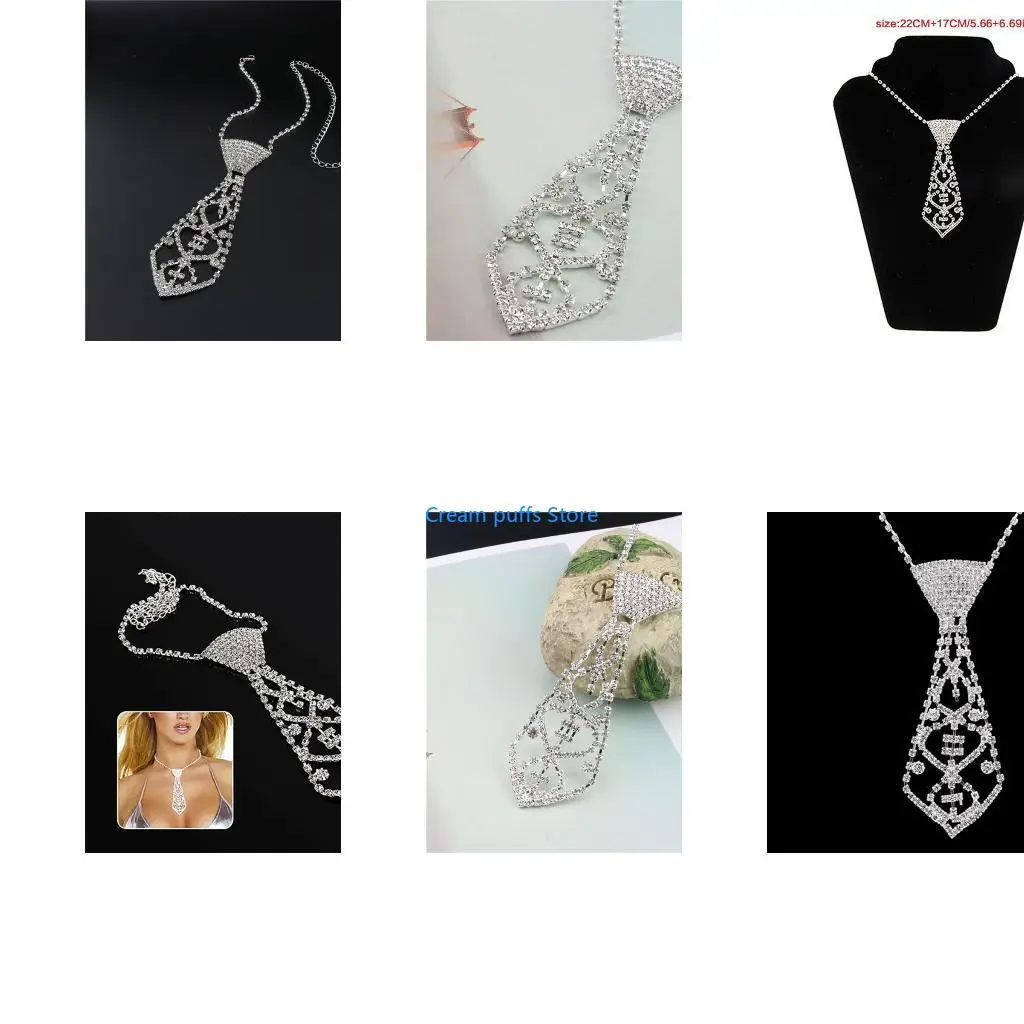 50LE Women Sexy Glitter for Rhinestone Necktie with Adjustable Long Chain Hollow Clavicle Shiny Jewelry Diamond Necklace Chok
