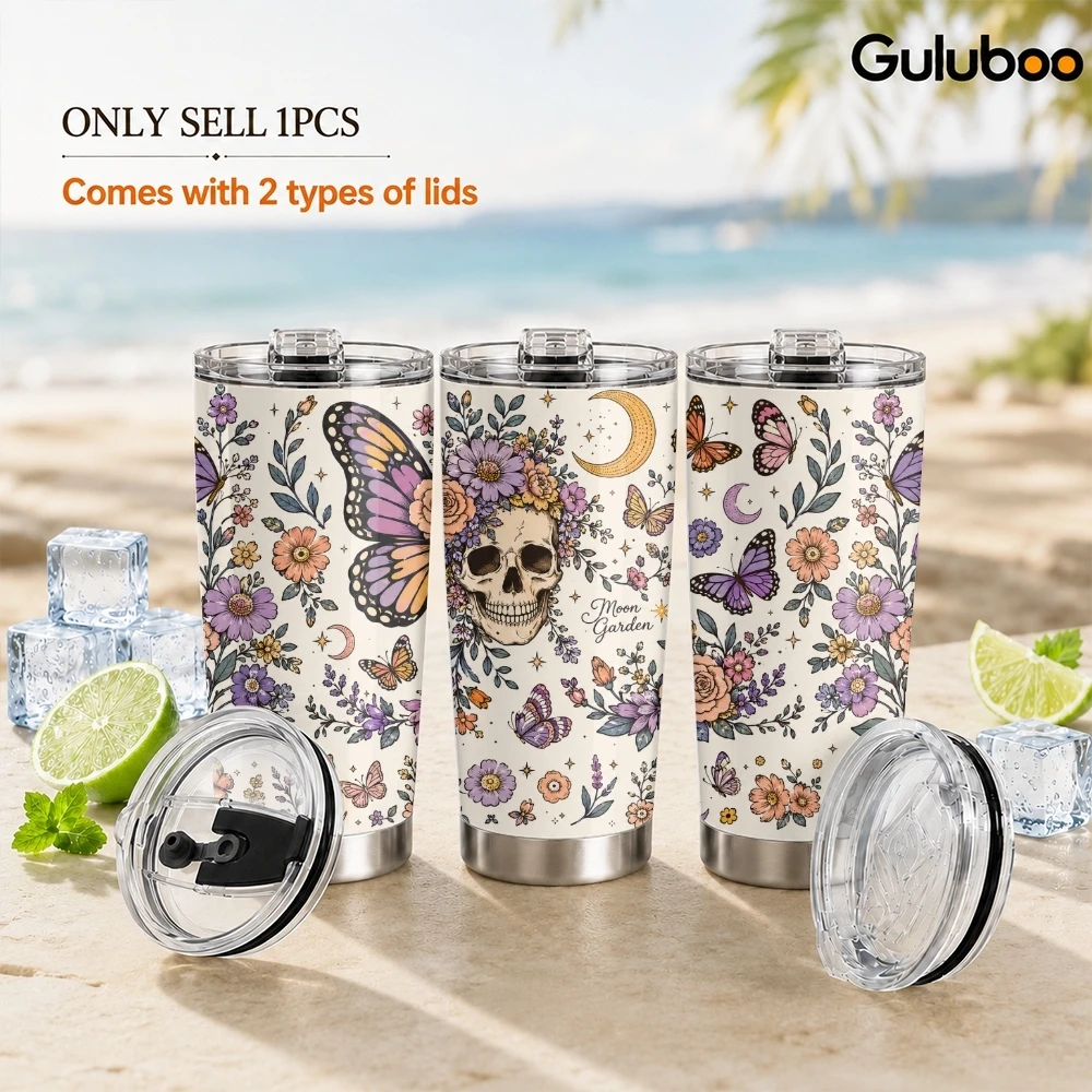 Retro Skull Flowers Vacuum Flasks 20oz Stainless Steel Tumbler with 2 Lids & Reusable Straw Vacuum Insulated Travel Mug
