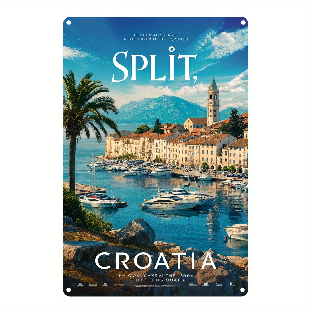 Vintage Croatia Split Art Poster -  Aluminum Wall Decor with Coastal Landscape, Perfect Gift for Home or Office, Easy Installati