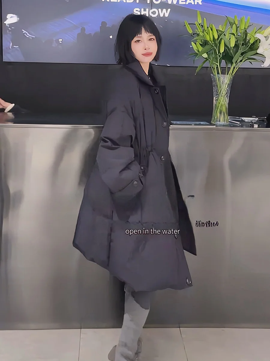 Casaco Feminino de Alta Qualidade Estilo Europeu com Cinto na Cintura, Branco, Longo, com Zíper, Comprimento Médio