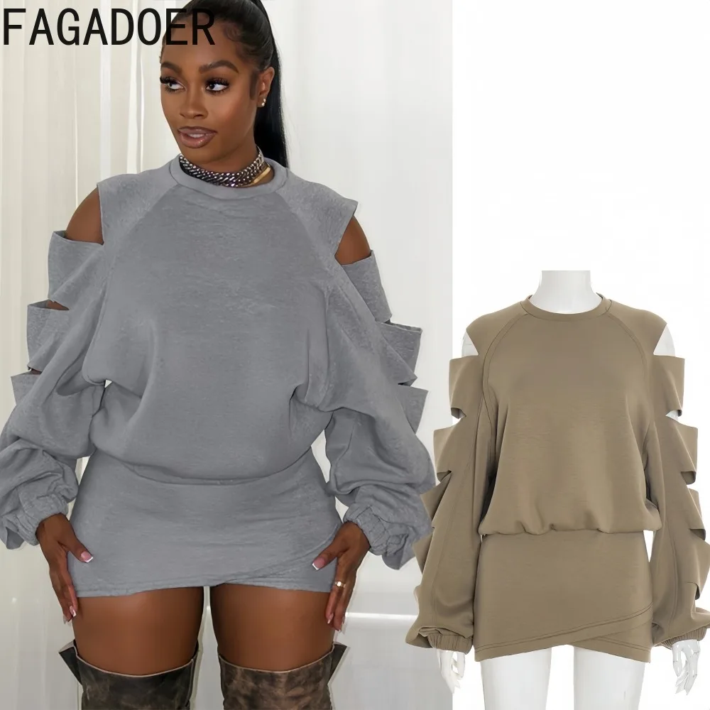

FAGADOER Sexy Hollow-out Woman 2 Piece Set Outfit Solid Color Long Sleeves Crop Top + Skirt Matching Female Streetwear Clothing