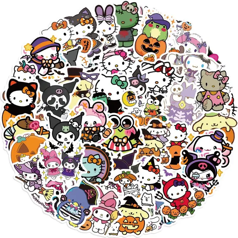 52Pcs Kawaii Sanrio Hello Kitty Stickers Cartoon Kuromi Melody Cinnamoroll Halloween Water Cup DIY Decorate Waterproof Stickers