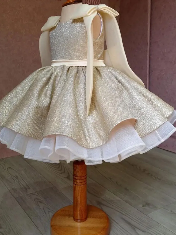 Champagne sleeveless princess dress for Kids Girls Costumes Wedding Birthday Party Big bow new year Children’s Dress