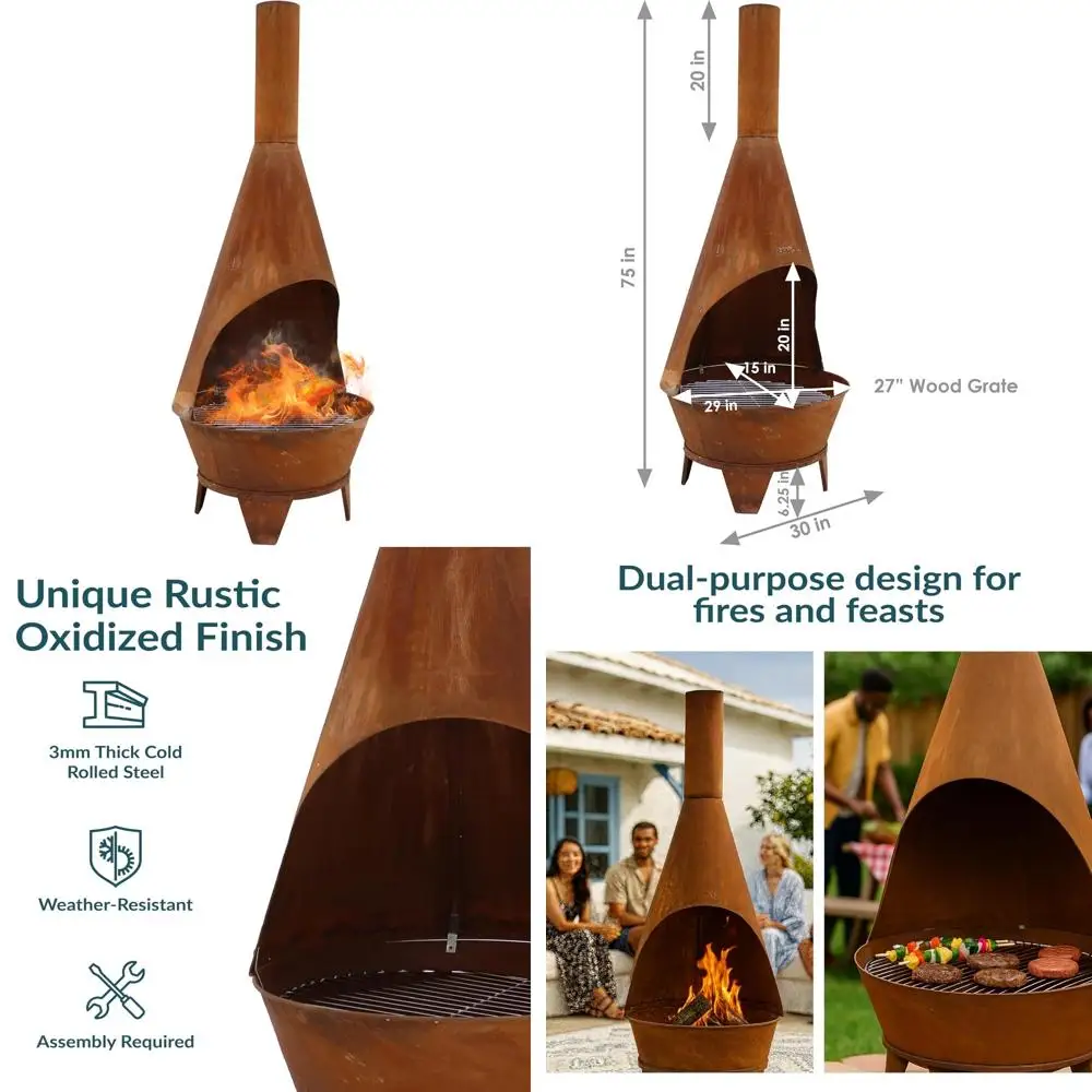 

Large 6-Foot Outdoor Fireplace - Wood-Burning Fire Pit with Grill - Rustic Style Patio Heater