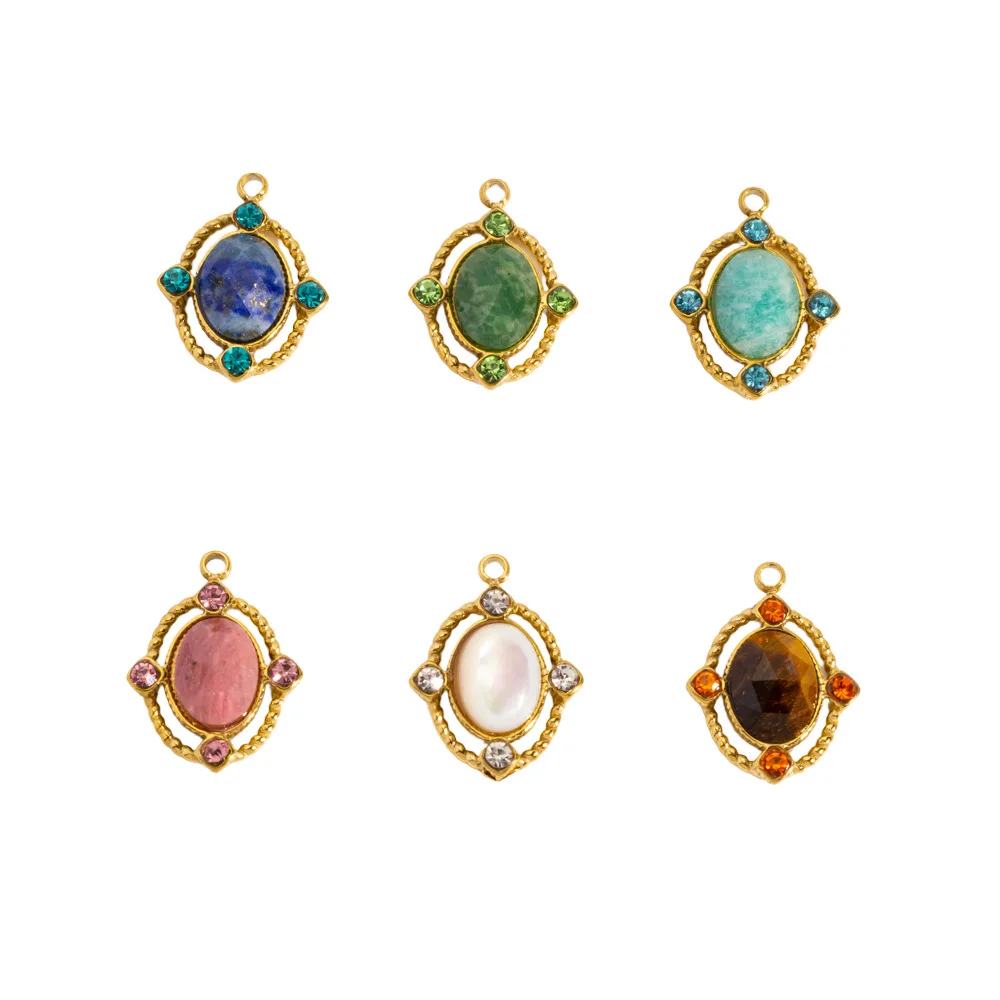 2Pcs Stainless Steel Multicolour Retro Oval Zircon Natural Stone Charms Pendant Fine Polishing DIY Jewelry Accessories