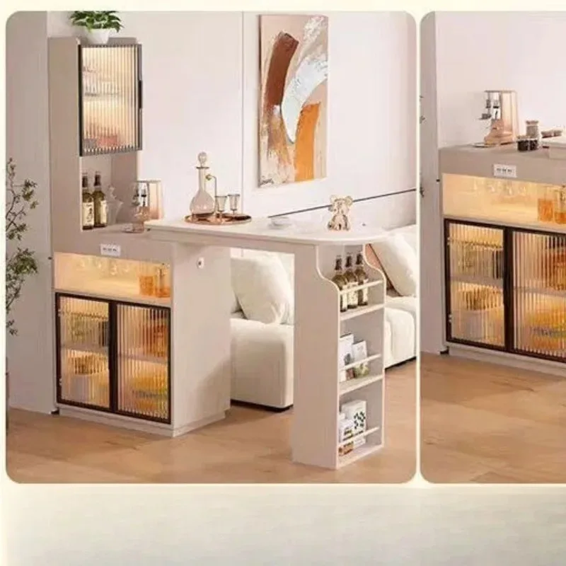 Living room pull-out sofa next to bar counter retro black storage side cabinet with dining table