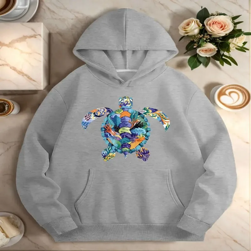 

Зима-Осень, женская одежда больших размеров, женский свитшот большого размера, шикарная морская черепаха, мозаика, графическая ткань из чистого хлопка, модная