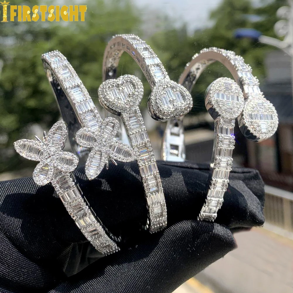 Nowy Iced Out Bling Butterfly bransoletka z serduszkiem kolor srebrny CZ cyrkon owalny amulet otwarty bransoletka dla kobiet mężczyzn Hiphop luksusowa biżuteria — zdjęcie 6