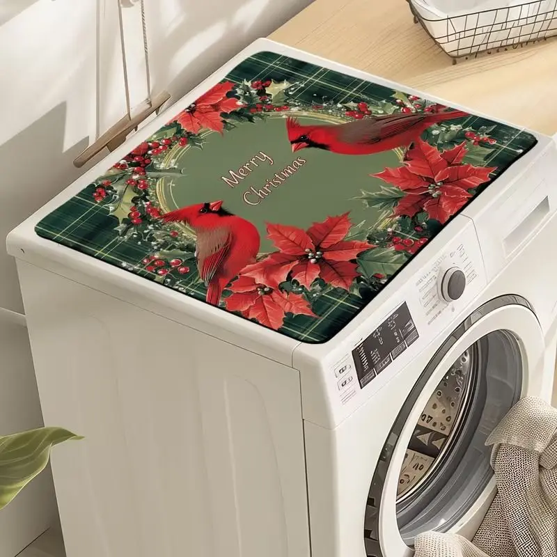 VIKAMA Merry Christmas Cardinal Bird Poinsettia Flower Vintage Washing Machine Top Cover Mat Non-Slip Dustproof Washer Dryer Pad