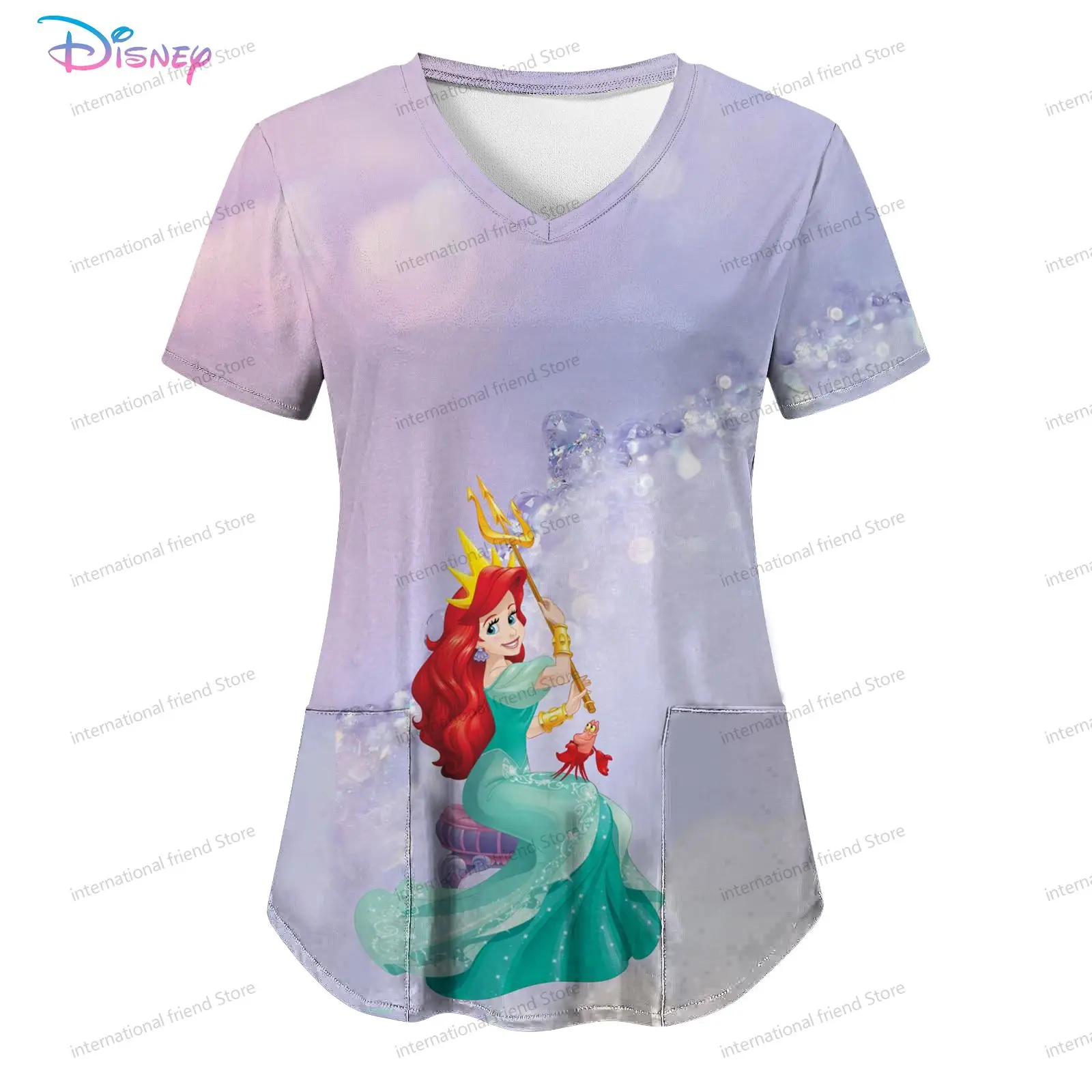 Pocket Disney Princess Women's V Neck Nurse Uniform T-Shirt Summer Short Sleeve Youthful Woman Clothes New Dress 2024 Kawaii Y2k