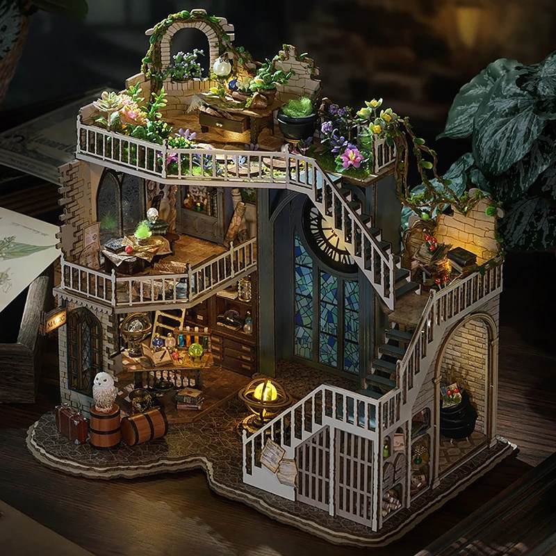 Zuuton DIY Miniature Magic Doll House Kit Wooden Gothic Clock Tower Building Model with LED Light Creative Gift for Home Decor