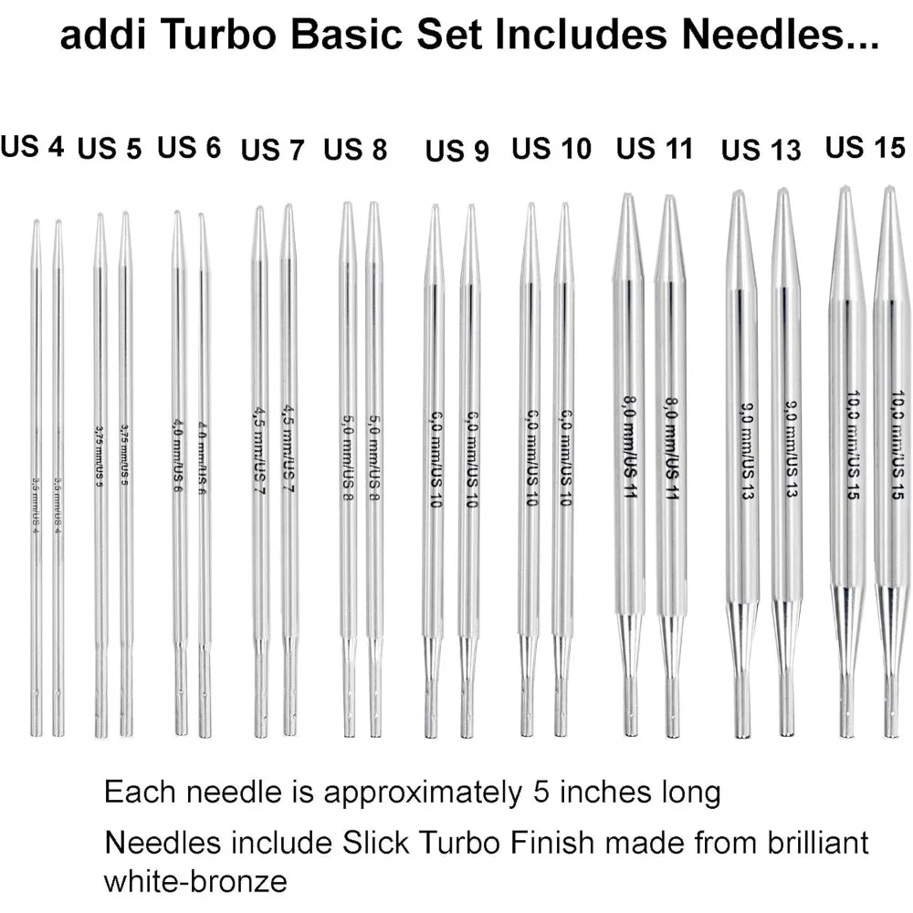 Click Turbo Basic 5-Inch Interchangeable Circular Knitting Needle Set Sizes with 3 Blue Cords, Black