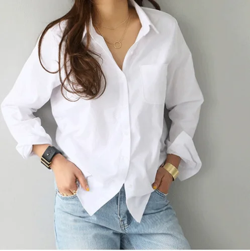 Lange Mouw Dames Tops Blouses Office Elegante Knop Casual Katoen Wit Overhemd Vrouwen Turn-Down Kraag Losse Blouse Vrouwen 3496