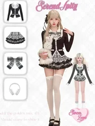 Gothic Y2k Vintage Preppy Style 2 Piece Set Women Sweet Bow Knitted Cardigan Ruffles Plaid Mini Skirt Fashion Lolita Outfits New