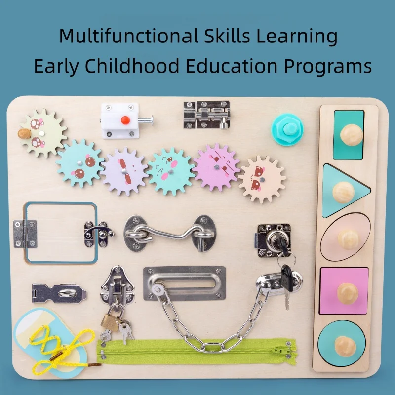 wooden-activity-board-toy-features-diverse-gear-lock-mechanisms-children-will-love-unlocking-and-exploring-hands-on