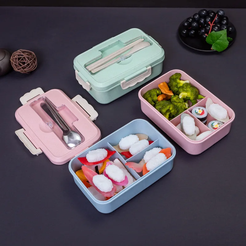 携帯用断熱食品グレードランチボックスセット-密閉型ミールキット-角型-三つ仕切り設計-環境に優しい小麦ストロー素材
