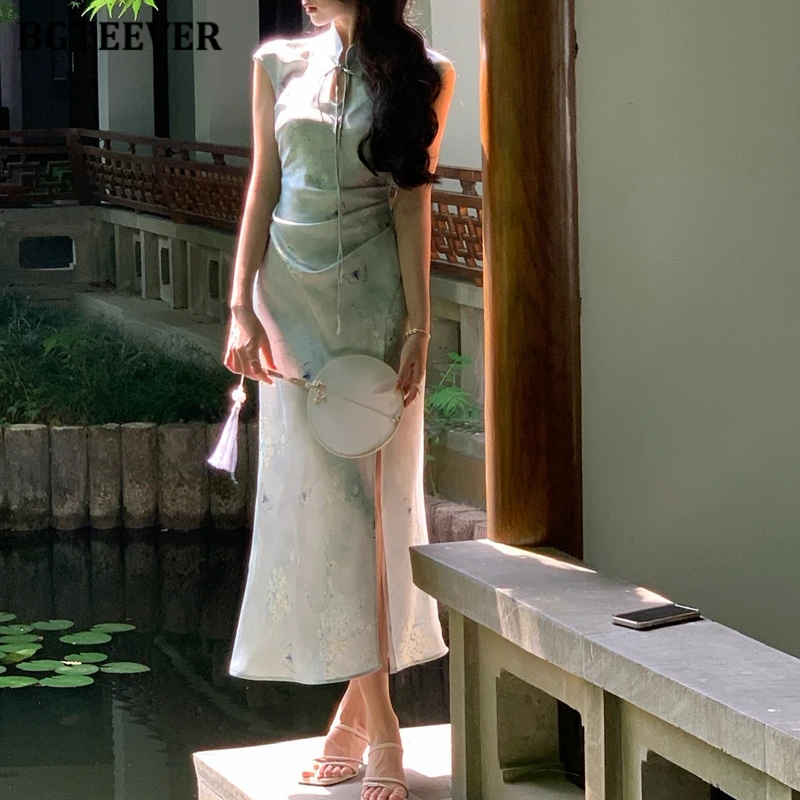 BGTEEVER Summer Vintage Stand Collar Lace-up Women cheongsam Package Hip Dress Elegant Slim Ladies Side Split Bodycon Dress