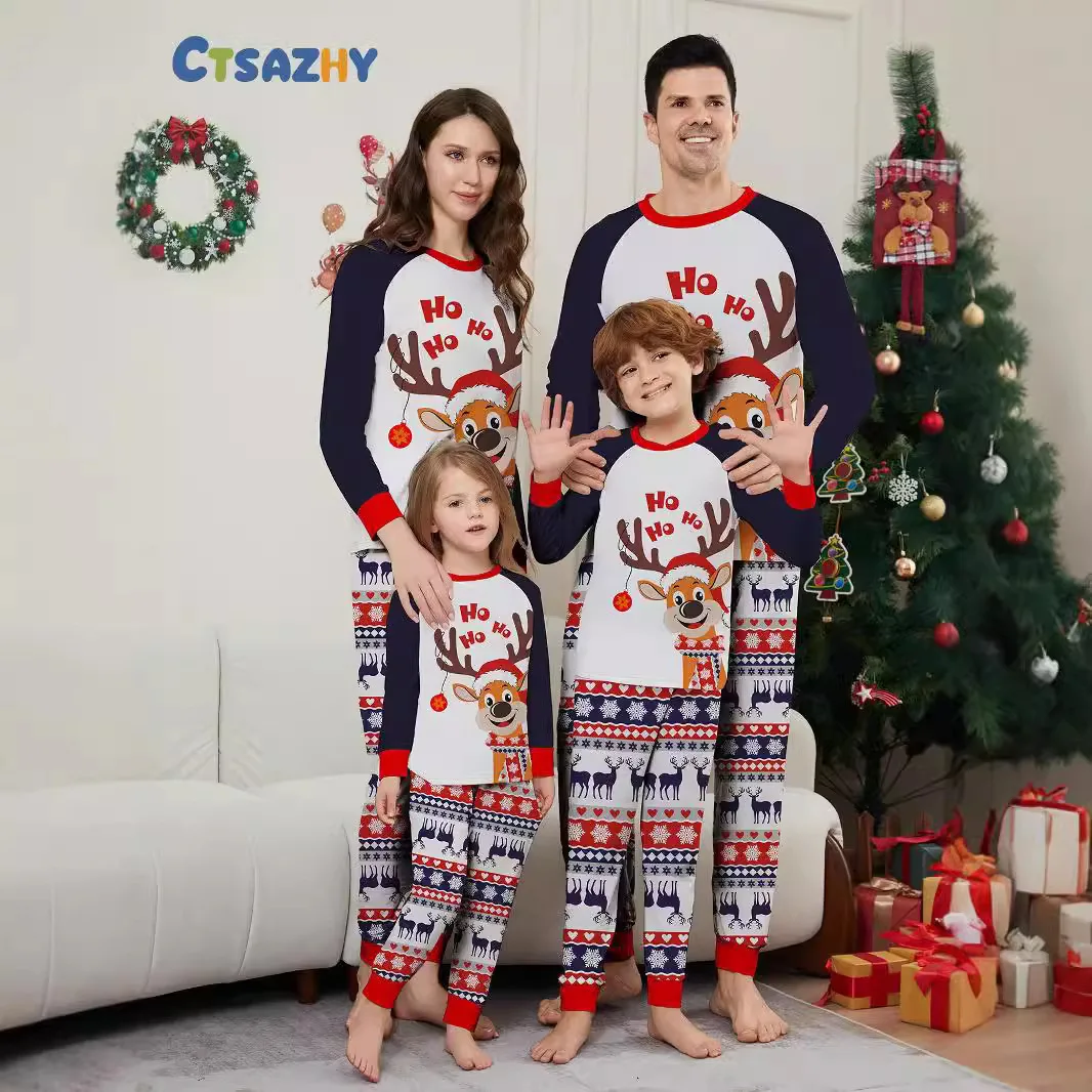 

New Christmas deer family wear set for a family of four or five featuring round-neck long-sleeved printed pajamas