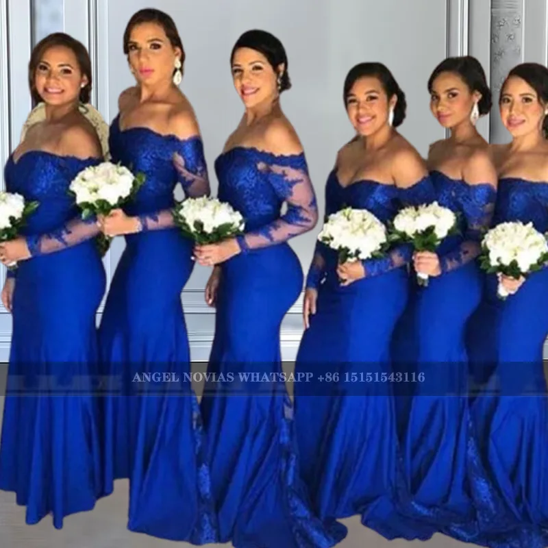 

Long Sleeves Mermaid Blue Bridesmaid Dresses Off the Shoulder Plus Size Wedding Party Maid Of Honor Dress robes invitée mariage