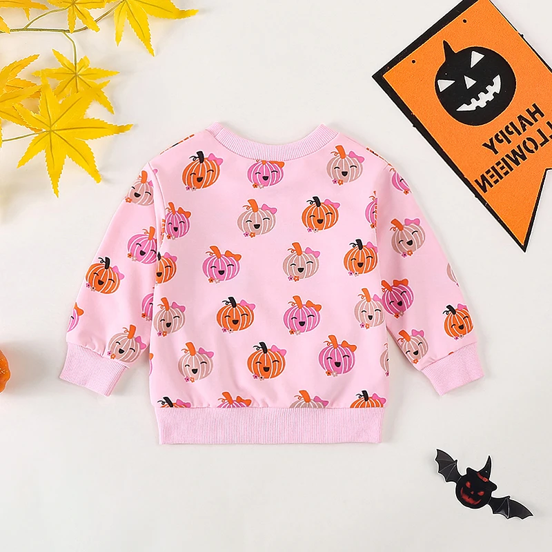 Toddler Girls Sweatshirts Halloween Clothes Pumpkin Print Crew Neck Long Sleeve Baby Pullovers Loose Fall Tops for 0-3 Years