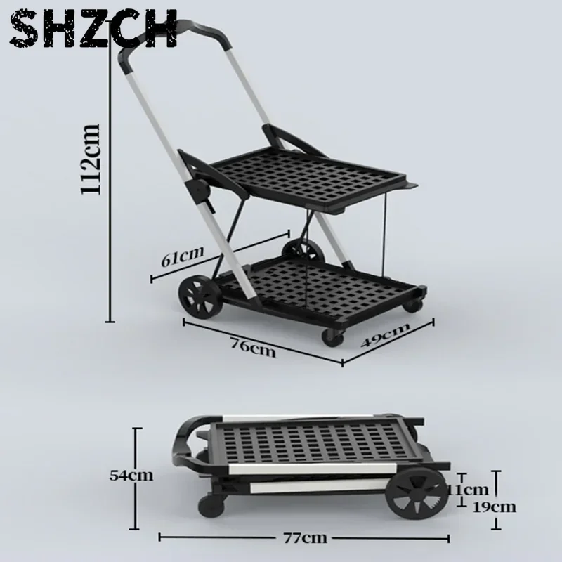 2-Layer Portable Outdoor Folding Shopping Cart with Wheels Mobile Utility Handcart Baskets Storage Trolley for Easy Transport