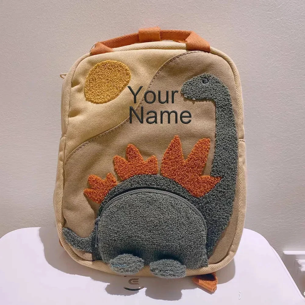 Nome personalizzato zaino piccolo dinosauro personalizzato ricamato cartone animato tela scuola materna zainetto borsa per bambini con nome