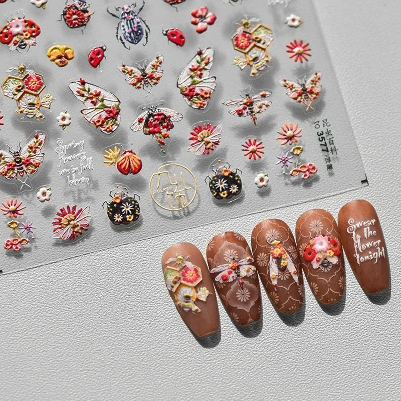 Colored Daisy Flowers Dragonfly Butterfly Bee Ladybird 5D Embossed Reliefs Self Adhesive Nail Art Sticker Insect Manicure Decals