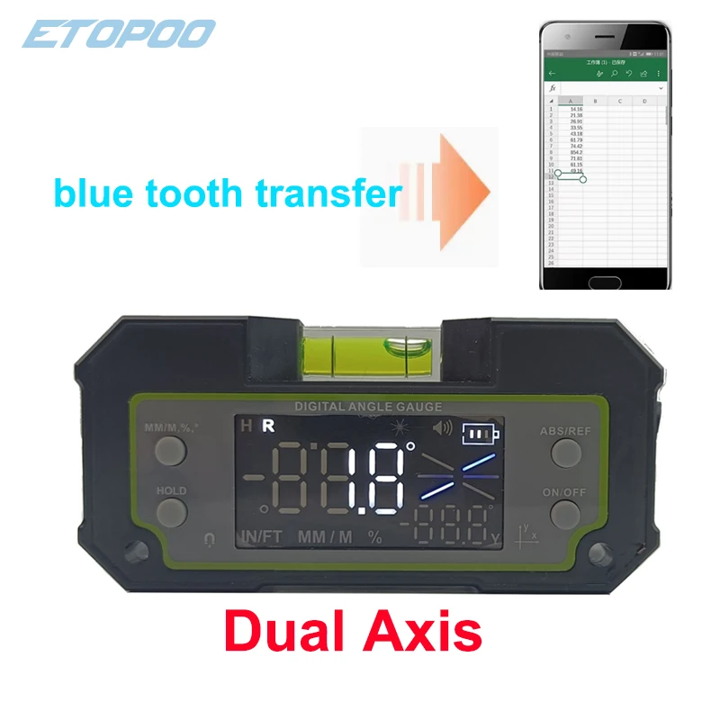 Inclinômetro de nível transferidor digital de eixo duplo, régua de ângulo de medição bluetooth biax, caixa de nível magnético recarregável, 0.1 graus