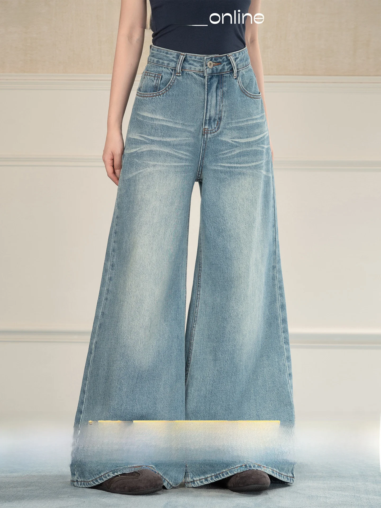 

Heynew American Retro Blue Wide Leg Denim Jeans Women's High Waist Slim Straight Long Pants Summer New Style Vintage Style