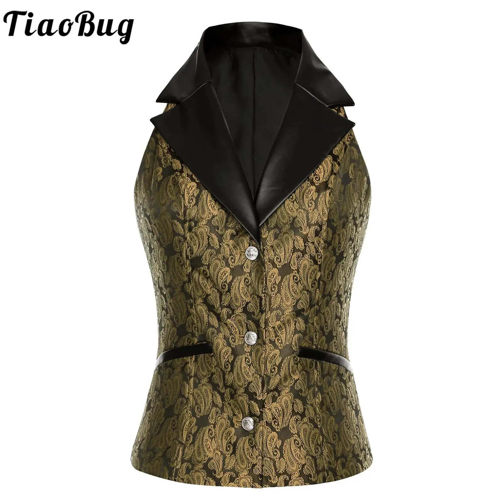 

Women Retro Jacquard PU Leather Patchwork Waistcoat Party Notch Lapel Button-down Vest Medieval Gothic Steampunk Clubwear Vest