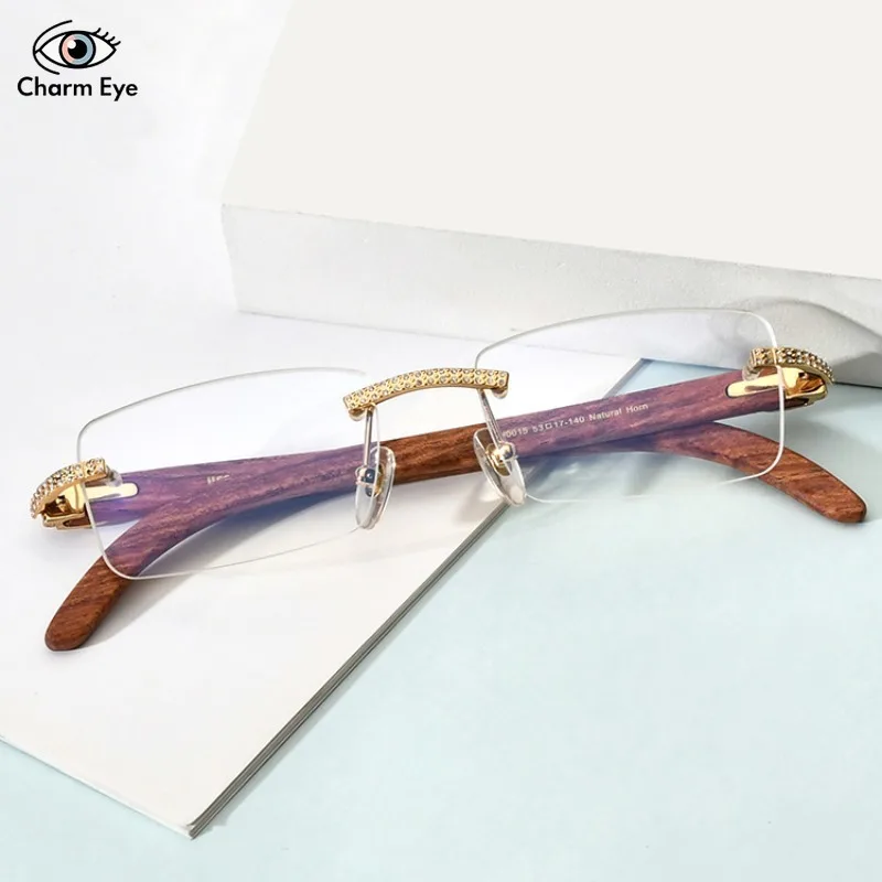 

Diamond Women Optical Glasses Metal Handmade Redwood Leg Eyeglass Frame Frameless Can Be Paired Myopia Anti Blue Light Eyewear