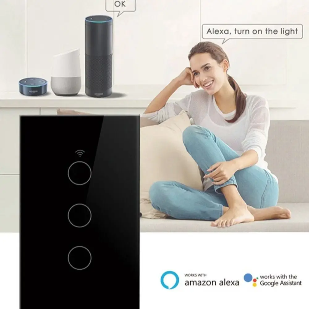 

Американская вилка Wi-Fi, умный выключатель света, сенсорное управление, одиночные открытые светодиодные выключатели, настенный выключатель с дистанционным управлением и приложением