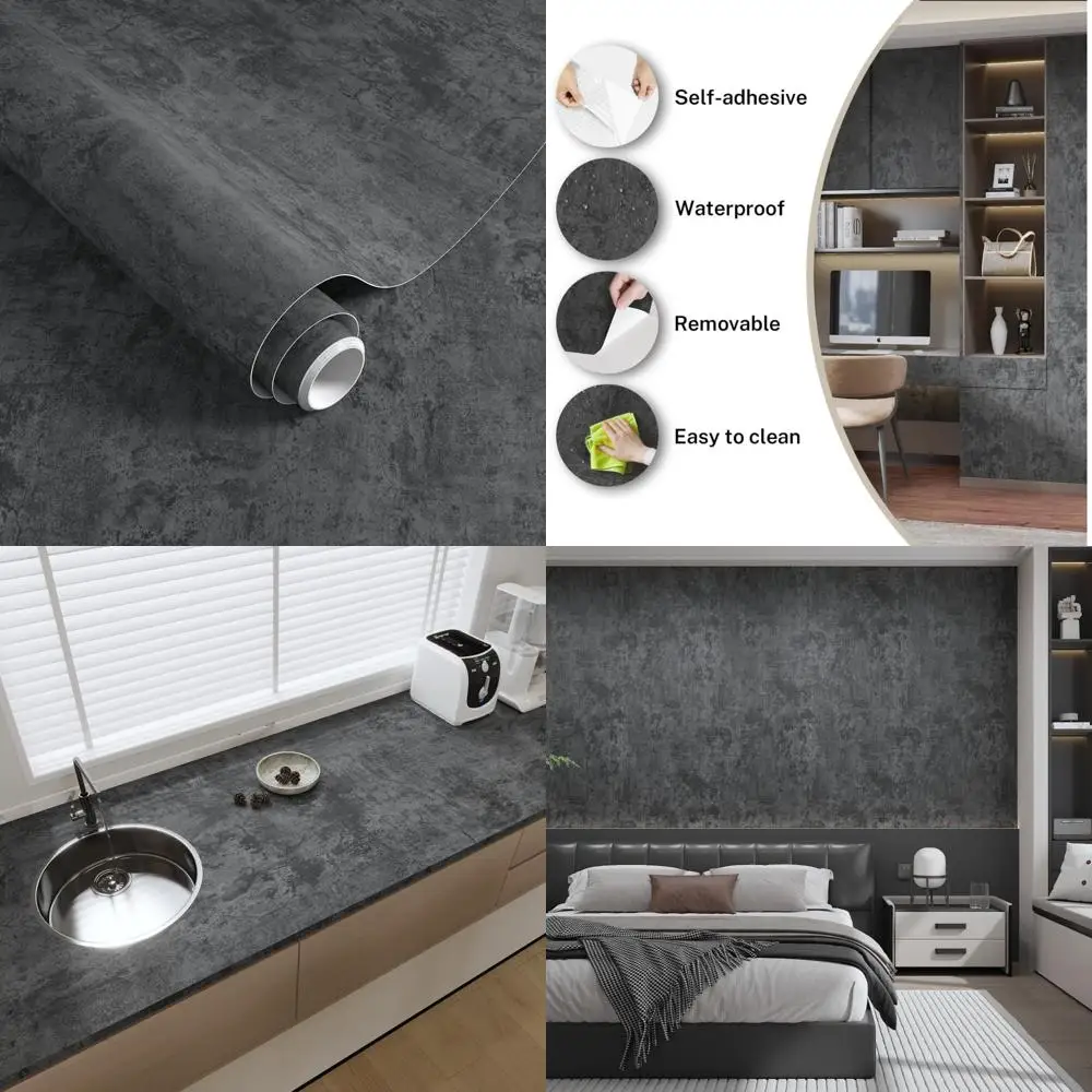 ورق جدران قابل للتقشير واللصق من الخرسانة الرمادية والأسود عريض جدًا، مقاوم للماء وقابل للإزالة، ورق اتصال متصدع من الخرسانة الرمادية السميكة Vi