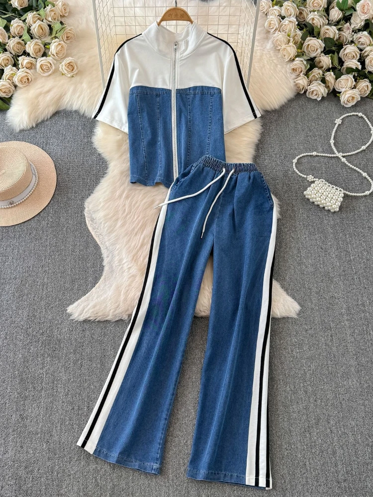 

Women Zipper Slim Tops+Wide Legs Pants Street Wear Denim Splice 2 Pcs Suits New Summer Chic Patchwork Vintage Pant Sets