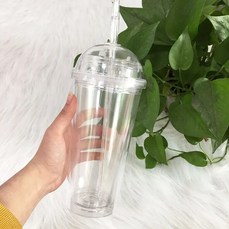 20oz Milk Tumbler with Dome Lids Double Wall Plastic Drink Cups With Straw Reusable Clear Water Bottle Transparent Fruit Cup
