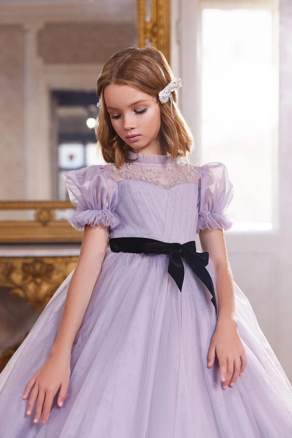 Vestido largo de tul con cuentas para niña, traje de baile con manga hinchada y flores para desfile, fiesta de cumpleaños, Princesa, primera comunión