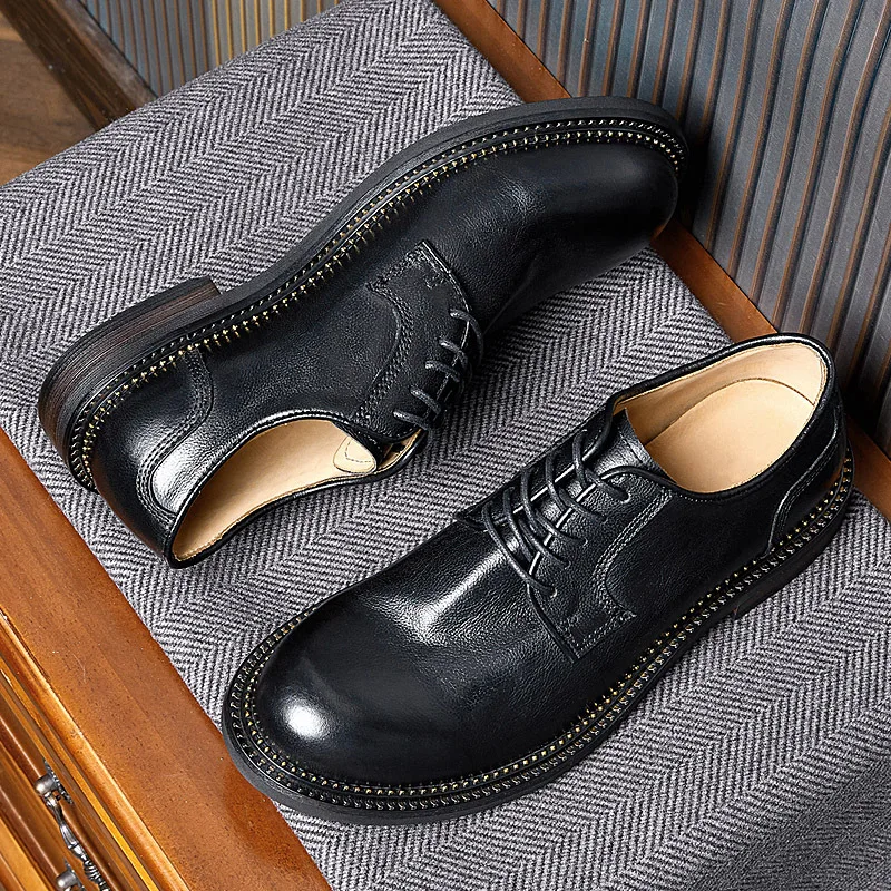 Zapatos de cuero elegantes Retro para hombre Noble hechos a mano suaves de gama alta punta redonda Oxfords británicos Casual hombre