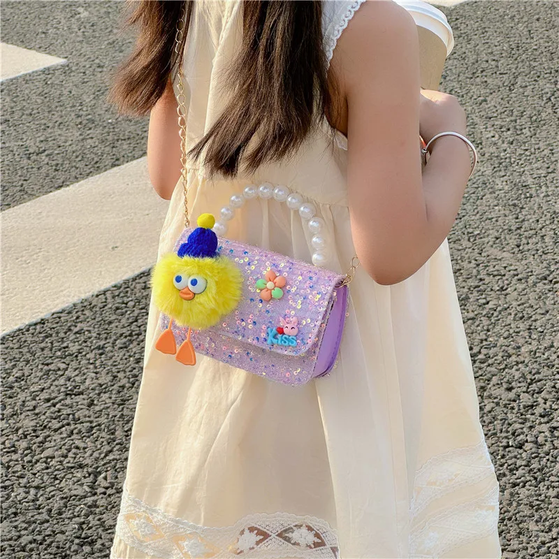 Lace Sequin Baby Girls Small Square Shoulder Bag Cute Cartoon Children\'s Messenger Bags Lovely Pearl Handle Coin Purse Handbags