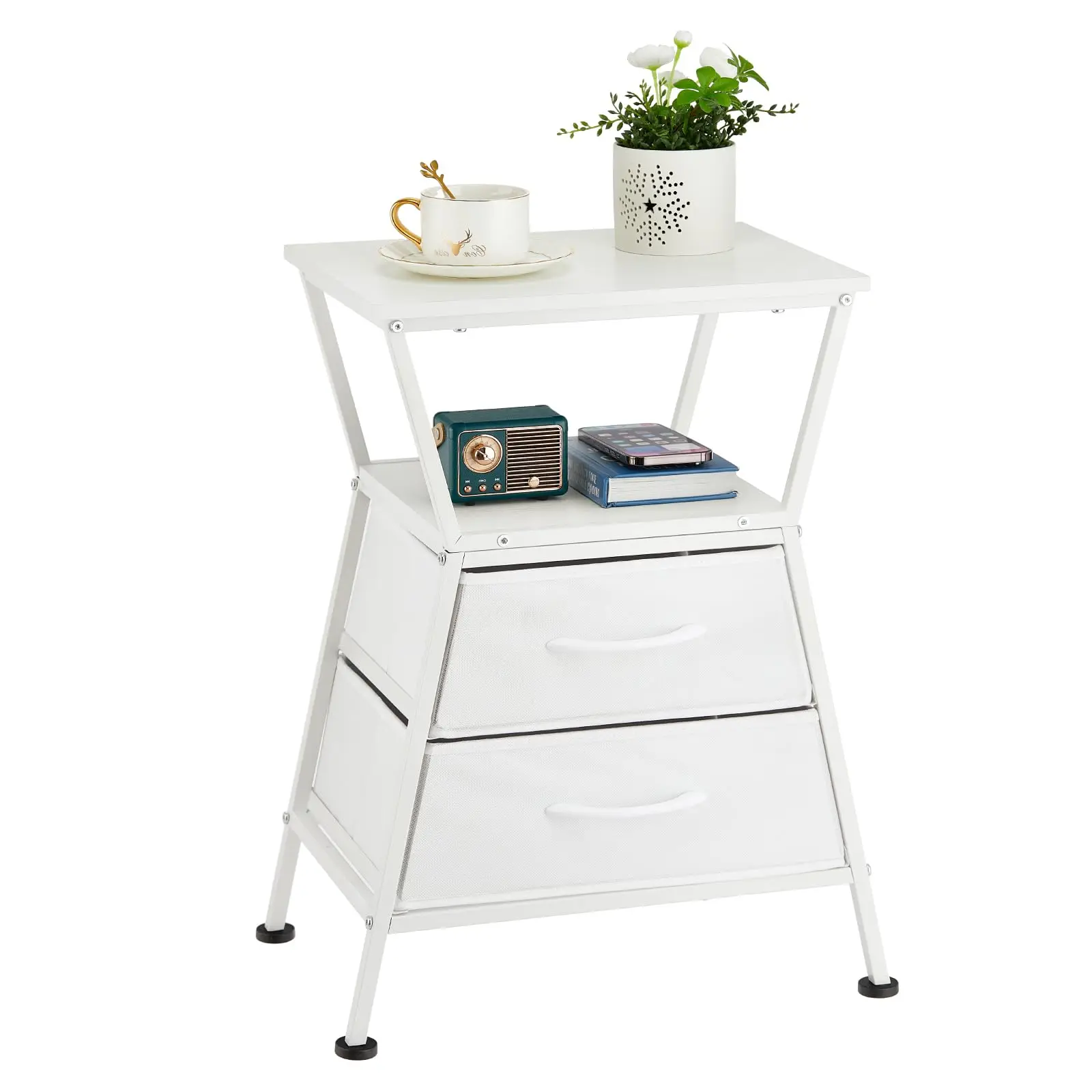 

White Metal Nightstand With Open Shelf And Two Fabric Drawers For Bedroom Or Living Room